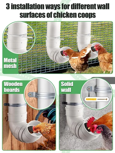 Miniatura 3 de Juego de 2 Comederos Automáticos para Pollos Sin Desperdicio - 13 Libras de Gran Capacidad, Tubo de PVC Resistente, Comedero Colgante para Pollos