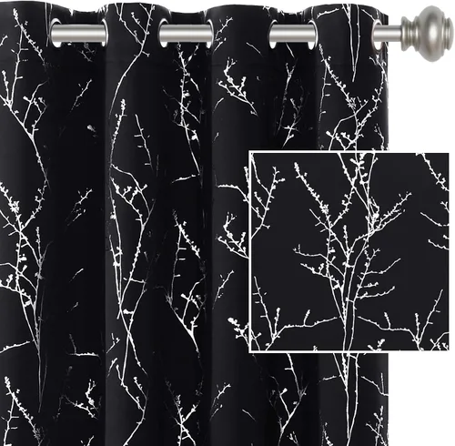 H.VERSAILTEX Cortinas opacas para dormitorio, con estampado de ramas de árbol, con aislamiento térmico y ojales, cortinas de ventana gruesas y Negro