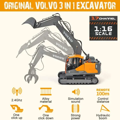 Miniatura 3 de Double E Volvo - Excavadora de control remoto a escala 1:16, juguete de construcción 3 en 1 de 17 canales con pala de metal, taladro, agarre
