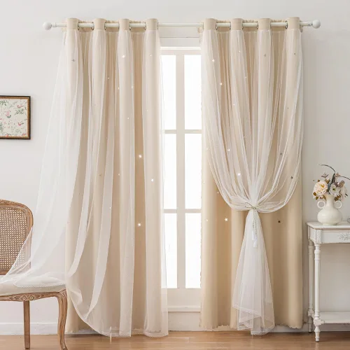 Cortinas opacas con recortes de estrellas para dormitorio de niñas y niños, doble capa con superposición transparente, cortinas de princesa de