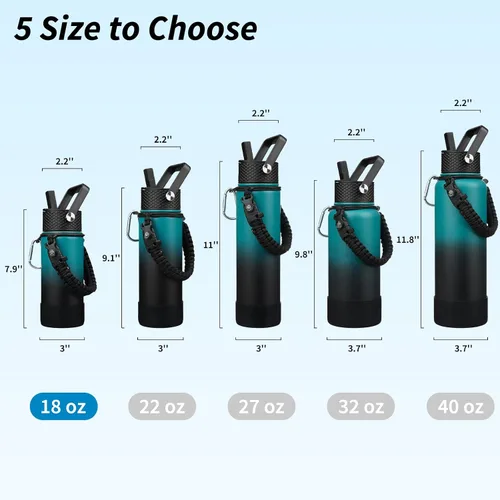 Miniatura 5 de BJPKPK - Botella de agua con tapa de popote, botellas de agua aisladas de 18 onzas con 3 tapas, asa de cuerda de paracaídas y base antideslizante