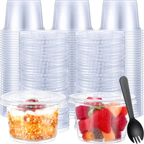 Suclain 100 juegos de tazas transparentes de postre de 8 onzas con tapas y tenedores, vasos desechables de plástico para parfait yogur con tapas