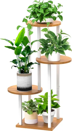 Miniatura 15 de Soporte alto de madera de 4 niveles para plantas, estante de metal para interiores, múltiples estantes para macetas, estante de esquina, estante