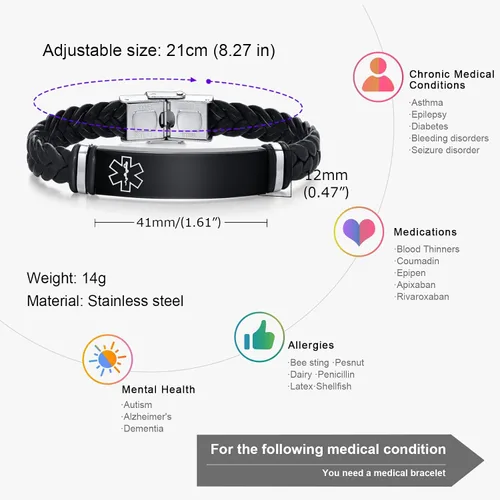 Miniatura 6 de MEALGUET Pulseras médicas personalizadas para hombres: grabado gratuito de acero inoxidable negro y cuero trenzado pulsera de alerta médica
