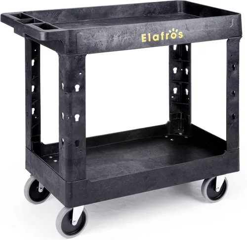 ELAFROS Carrito utilitario de plástico resistente de 34 x 17 pulgadas - Carrito de trabajo con almacenamiento de tina con estantes profundos y