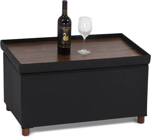 Dorriss Banco de almacenamiento otomano con bandeja, taburete de dormitorio y tapa de mesa auxiliar, cuero negro, 30 pulgadas