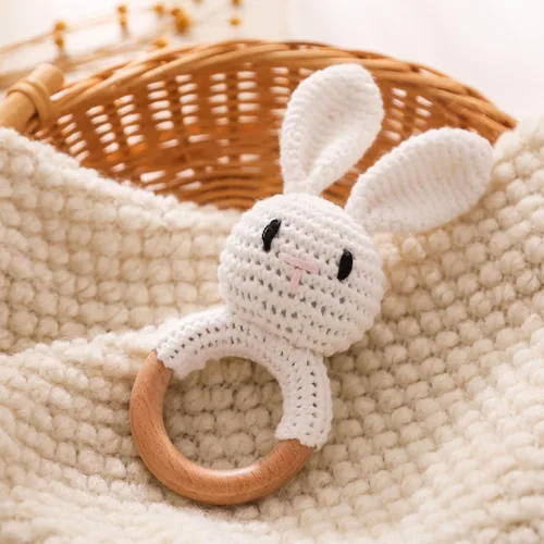 Miniatura 14 de Sonajero de madera para bebé,Sonajero de conejo de ganchillo con anillo de madera, Juguete de sonajero de animales de madera para recién Conejito-1