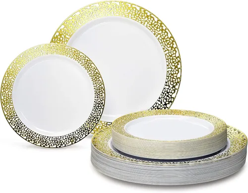 Miniatura 11 de OccasionS - Paquete de 100 platos (50 invitados) Juego de platos de plástico desechables de alta calidad para fiesta de boda, cena de 50 x 10.5