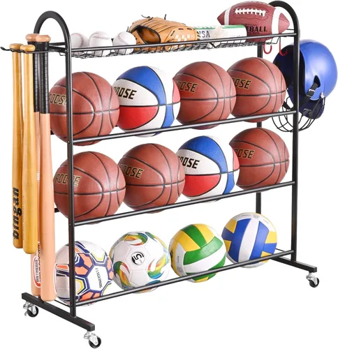 PLKOW Estante de baloncesto, almacenamiento de bolas rodantes con soporte para bate de béisbol y ganchos, almacenamiento de equipo deportivo con