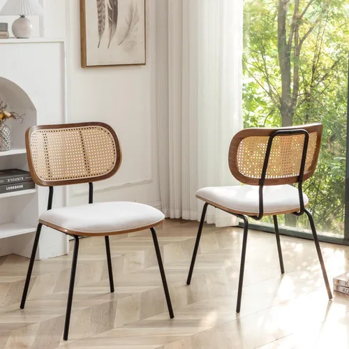 Miniatura 4 de Juego de 2 sillas de comedor de ratán, sillas de comedor modernas de mediados de siglo con respaldo de caña para cocina y comedor, tela de 19 beige