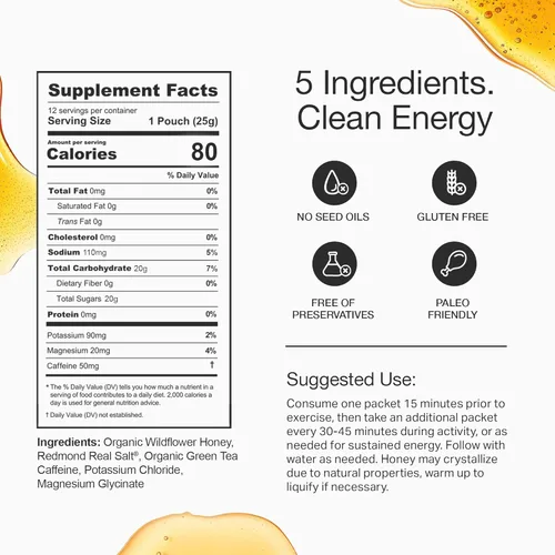 Miniatura 6 de HNY+ Buzz Gel Energético de Miel Orgánica con Electrolitos, Magnesio, Sal Marina, Potasio y Cafeína de Té Verde, Sin Gluten y Vegano, Geles