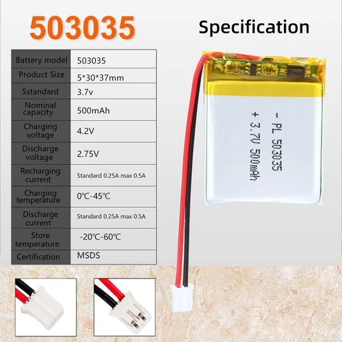 Miniatura 4 de Batería Lipo Recargable de 3.7V 500mAh de Polímero de Litio con Conector JST de 2.0mm PH