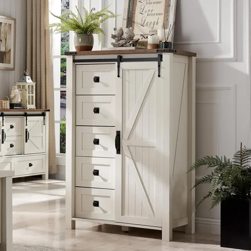 T4TREAM Cómoda de 5 cajones para dormitorio con puerta de granero deslizante, cómoda moderna alta de estilo granja, 5 cajones, organizador de