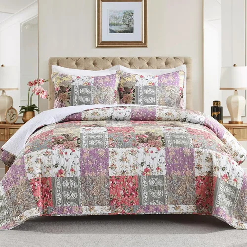 Miniatura 9 de HIARUO Juego de edredón tamaño Queen de 3 piezas, colcha de retazos florales, cubrecama cobertor bohemio a cuadros reversible ligero