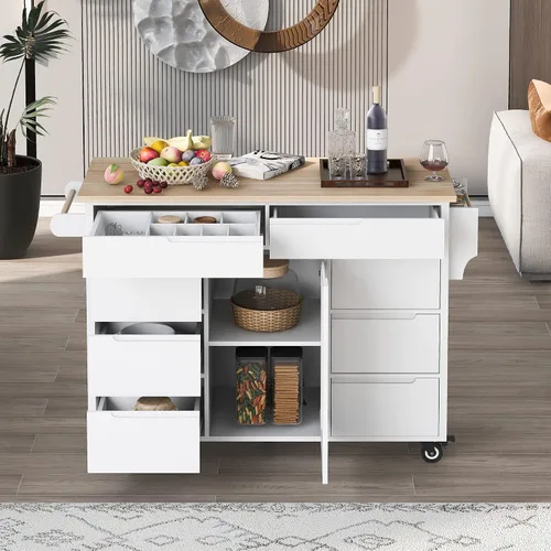 Miniatura 27 de Delicate Rolling Kitchen Island Cart with Rubber Wood Drop-Leaf Countertop and Lockable Rollers,Storage Cabinet and 2 Drawers,Sliding Barn Door