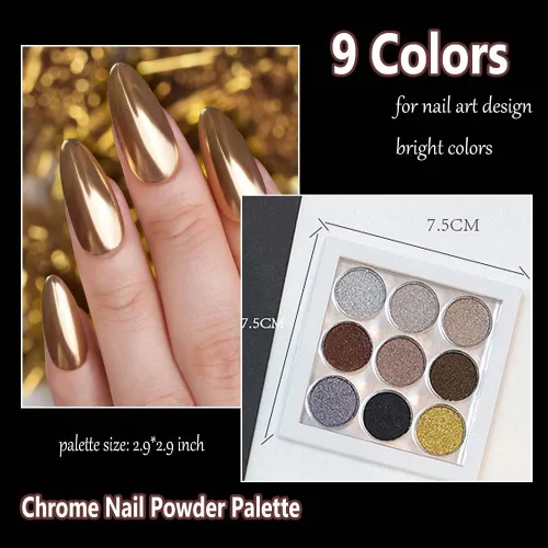 Miniatura 4 de Polvo de uñas cromado, 9 colores, efecto espejo metálico, champán, cromado, pigmento para arte de uñas, purpurina ultrafina, cromada, arte de uñas