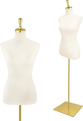 Torso de maniquí para mujer, 53-73 pulgadas de altura ajustable, maniquí de costura con soporte de metal dorado, beige