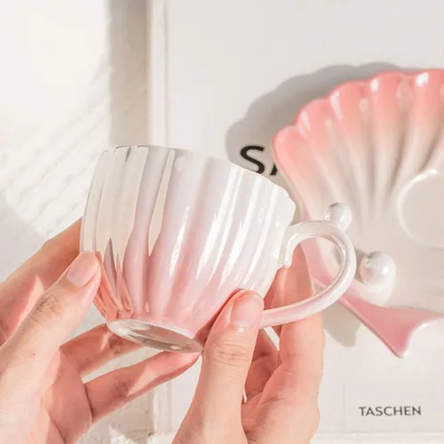 Miniatura 6 de Taza y platillo Pearl Shell – Taza de café de cerámica degradada de 8 onzas, té vintage, capuchino, arte con leche para regalo de cumpleaños