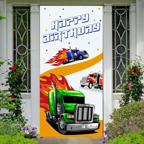 Cartel de feliz cumpleaños de camiones resistentes, telón de fondo para cabina de fotos de camión grande, decoración de puerta delantera, decoración