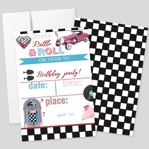 20 juegos de invitaciones de fiesta de cumpleaños de los años 50 con sobres, retro de los años 50 Jukebox a cuadros de doble cara impresas para