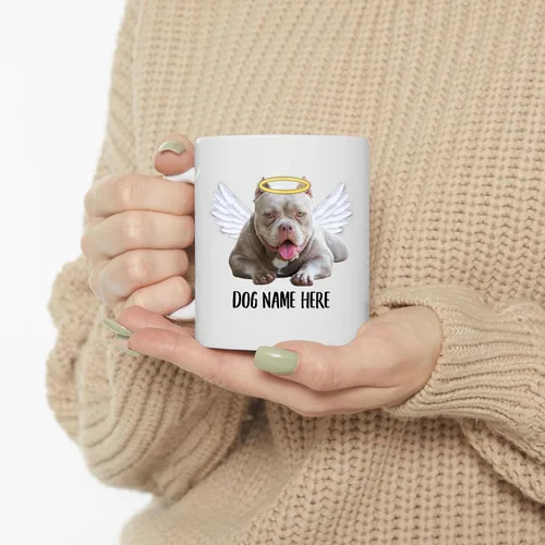 Miniatura 3 de Taza de café conmemorativa de alas de ángel americano con nombre personalizado, regalos de condolencias para los amantes de los perros, taza blanca