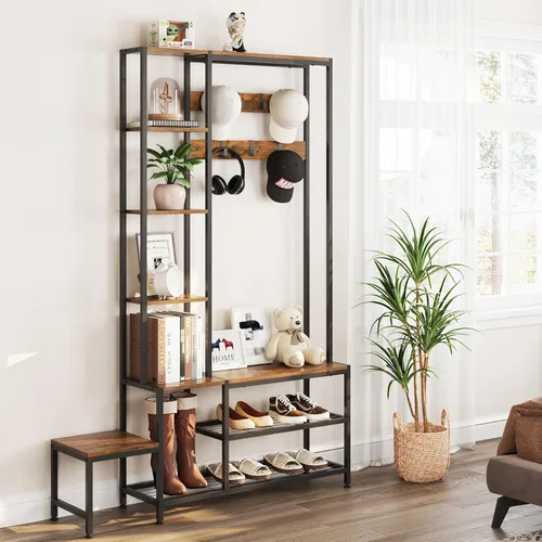 Miniatura 7 de Espelism Árbol de pasillo con banco de almacenamiento de zapatos, perchero con 7 ganchos intercambiables de 4 niveles, estantes de almacenamiento