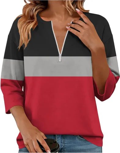 Miniatura 18 de Sudadera de manga larga con media cremallera para mujer, de gran tamaño, bloque de color, con cremallera de un cuarto, camisas de moda de primavera