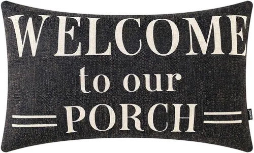 TRENDIN Funda de almohada de cintura para porche de granja de 20 x 12 pulgadas, funda de almohada negra con texto en inglés "Welcome to Our Porche"