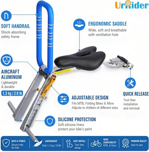 Miniatura 5 de UrRider Asiento de bicicleta para niños, asiento de bicicleta para niños de montaje frontal, apto para bicicletas de montaña, bicicletas de crucero