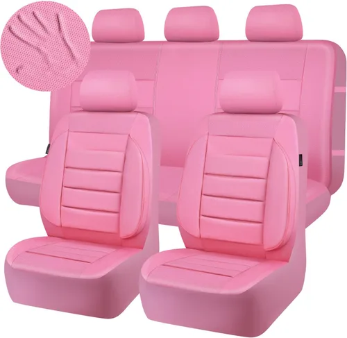 Miniatura 9 de CAR PASS Fundas de Asiento de Cuero Rosa Juego Completo Universal Resistente al Agua Soporte de Respaldo de Espuma 3D, Comodidad de Lujo Automotriz