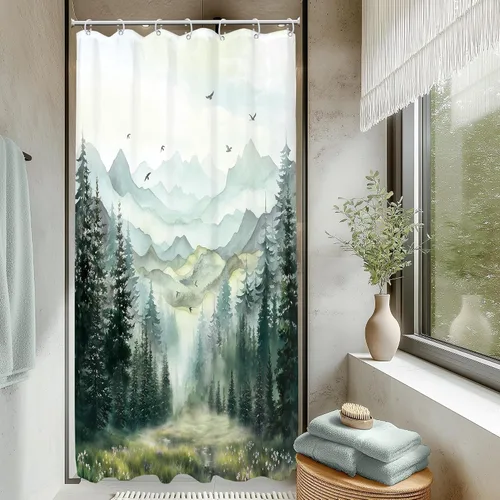 Miniatura 10 de KOMLLEX Cortina de ducha de montaña azul para decoración de baño, 72 pulgadas de ancho x 72 pulgadas de alto, rústico, acuarela, bosque, pino