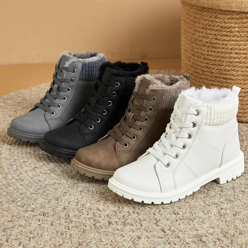 Miniatura 9 de Uoidru Botas de combate para mujer, botines de tobillo negro, botas de nieve de invierno, botas blancas con cordones, cómodas botas peludas