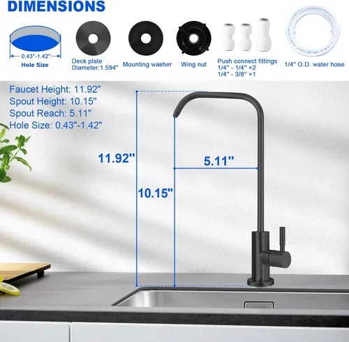 Miniatura 2 de Grifo de agua potable – Grifo de agua filtrado de vástago de rosca larga para encimera gruesa, grifo de ósmosis inversa sin plomo con manguera