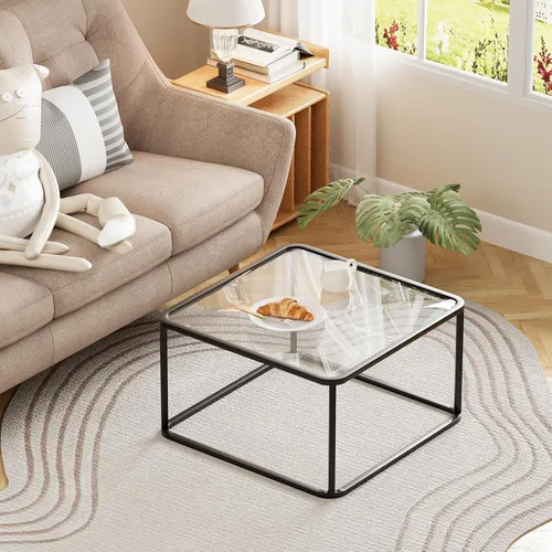 Miniatura 3 de Mesa de café de vidrio, mesas cuadradas minimalistas para sala de estar, mesa central moderna para oficina o espacio pequeño, vidrio templado, marco