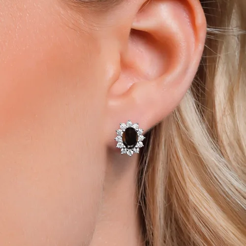 Miniatura 248 de Gem Stone King Aretes ovalados de plata de ley 925 de 0.276 x 0.197 in con piedra natal de la princesa Diana, estilo halo real para mujeres