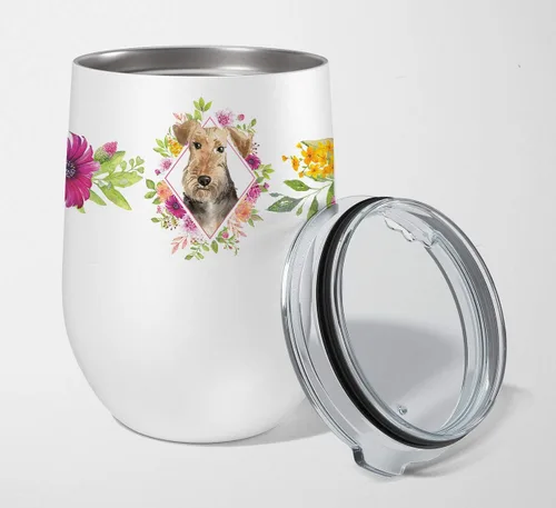 Miniatura 114 de Caroline's Treasures CK4110TBL12 Afghan Hound Pink Flowers - Vaso de vino aislado de acero inoxidable de 12 onzas con tapa, bonita taza de viaje