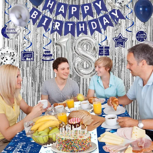 Miniatura 5 de Decoraciones de cumpleaños número 15 para niños y niñas azul plateado, pancarta de decoraciones de feliz cumpleaños número 15, globos de cumpleaños
