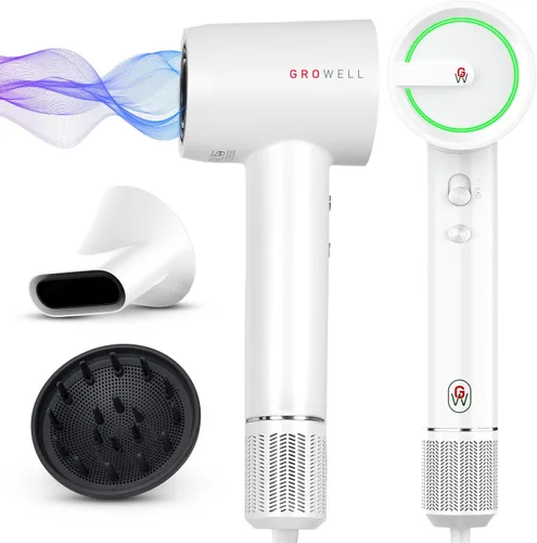 Growell Secador de pelo iónico con difusor para cabello rizado, ondulado, profesional de alta velocidad, sin escobillas, para secado rápido, bajo
