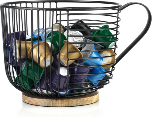 Miniatura 5 de Soporte para cápsulas de café - Soporte de taza K de gran capacidad con base de madera negra - Decoración moderna de cesta de café para encimera