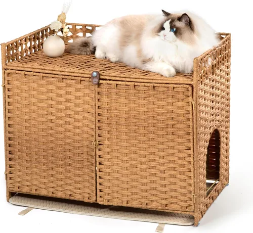 Miniatura 10 de Furriends Caja de arena para gatos con 2 alfombrillas, muebles ocultos de ratán tejido a mano, grande, 30.3 pulgadas de largo x 18.2 pulgadas