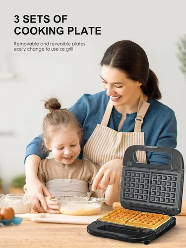 Miniatura 7 de Reemix Máquina 3 en 1 para Waffles, Parrilla y Sándwiches, Prensa Panini y Plancha para Waffles con Placas Antiadherentes Removibles, Perfecta