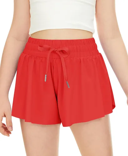 QooNoo Pantalones cortos de mariposa para niñas con bolsillo, pantalones cortos atléticos fluidos de cintura alta para correr para niños y