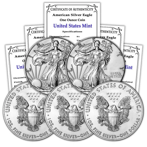 1986-2021 (Año al azar) Lote de (5) Monedas de Águila de Plata Americana de 1 oz Brillante Sin Circular (Tipo 1) con Certificados de Autenticidad $1