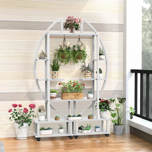 Miniatura 4 de 2 soportes de metal de 6 niveles altos para plantas de interior con ruedas desmontables, soporte para plantas para espacios exteriores con lazo