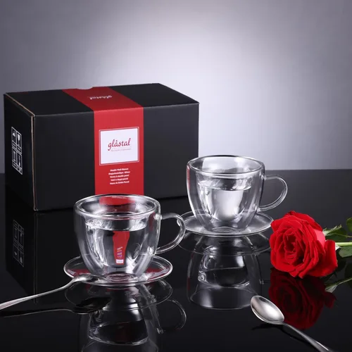 Miniatura 6 de Taza de café expreso glastal de 5oz de vidrio de doble pared, tazas de café con mango, juego de 2 tazas con platillo en forma de corazón, tazas