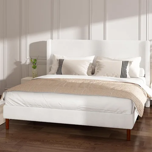 Miniatura 3 de Marco de cama Full Boucle, cama de plataforma con cabecera tapizada con respaldo de ala, fuerte soporte de listones de madera, sin ruido, no Beige