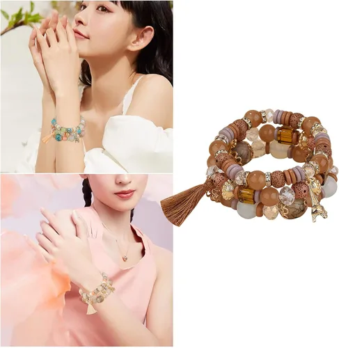 Miniatura 2 de Juego de pulseras apilables de cuentas para mujer y hombre juego de pulseras elásticas multicapa joyería multicolor aretes largos de perlas