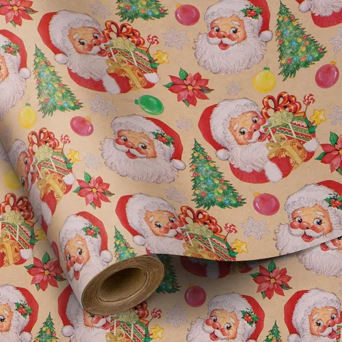 RUSPEPA Rollo de papel kraft para envolver regalos de Navidad - Rollo mini - diseño de Papá Noel y árbol para Navidad, festividades, envoltorio de
