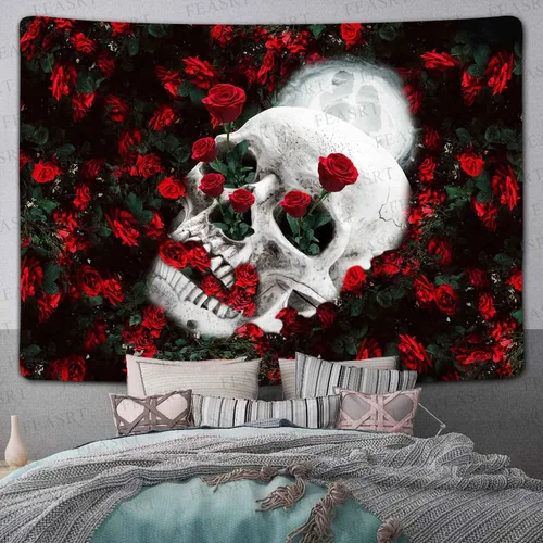 Miniatura 4 de FEASRT Tapiz de calavera, rosa roja para amantes del cráneo del jardín, dormitorio, apartamento, arte para el hogar, decoración para colgar