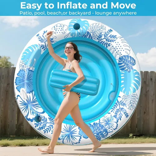 Miniatura 8 de Inflatable Tanning Pool Lounger Float with Protection Tarp, 75" x 75" Pool Floats Adult with Pillow, 6 in 1 Suntan Tub Raft Floatie, Sunbathing Azul